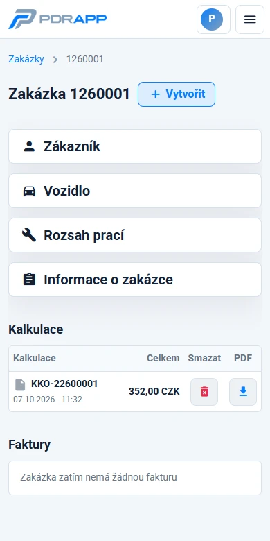 Detail zakázky v PDRAPP