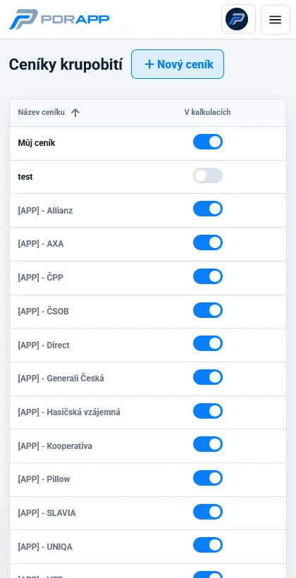 Ceníky krupobití v mobilní aplikaci PDRAPP