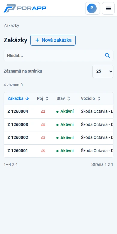 PDRAPP: seznam zakázek na telefonu