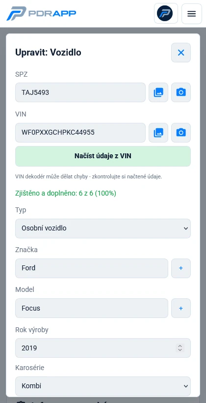 Údaje o vozidle v mobilní aplikaci PDRAPP